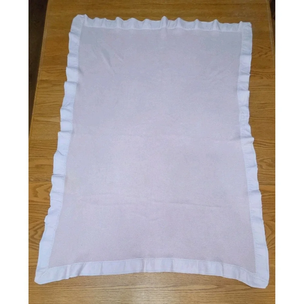 Vintage Pink Acrylic Thermal Waffle Weave Baby Blanket Satin Nylon Trim 33